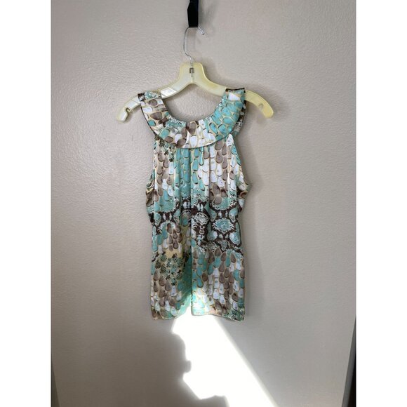 Dressbarn Womens Sleeveless Abstract Print Blouse Top Small Teal/Brown/Beige - Picture 6 of 7